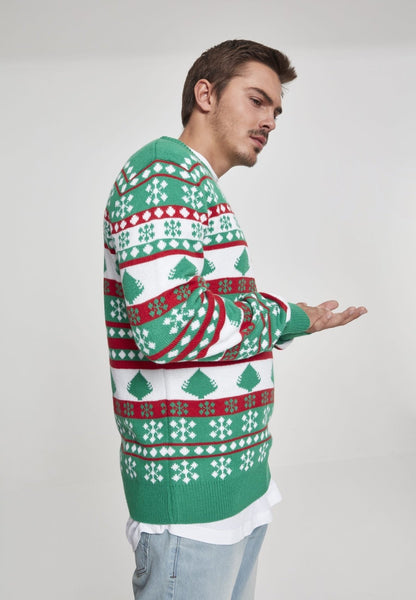 Snowflake Christmas Tree Sweater - Green White Red